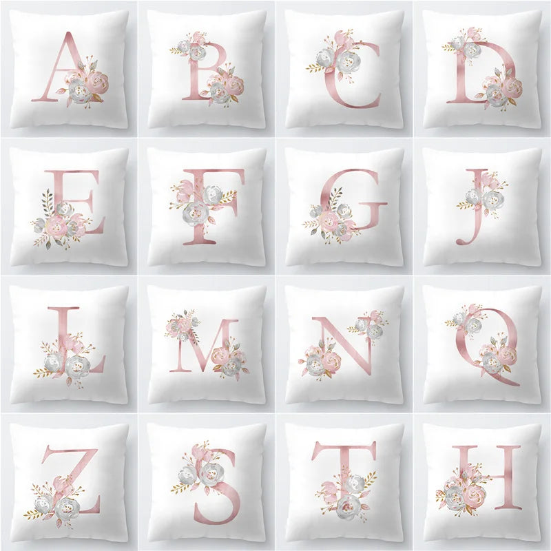 Rosa Goldene Florale Buchstaben Kissenbezug 45x45cm Kissenbezug Für Wohnzimmer Sofa Wurfkissen Polyester Baumwolle Quadratische Kissenbezüge | Karnz