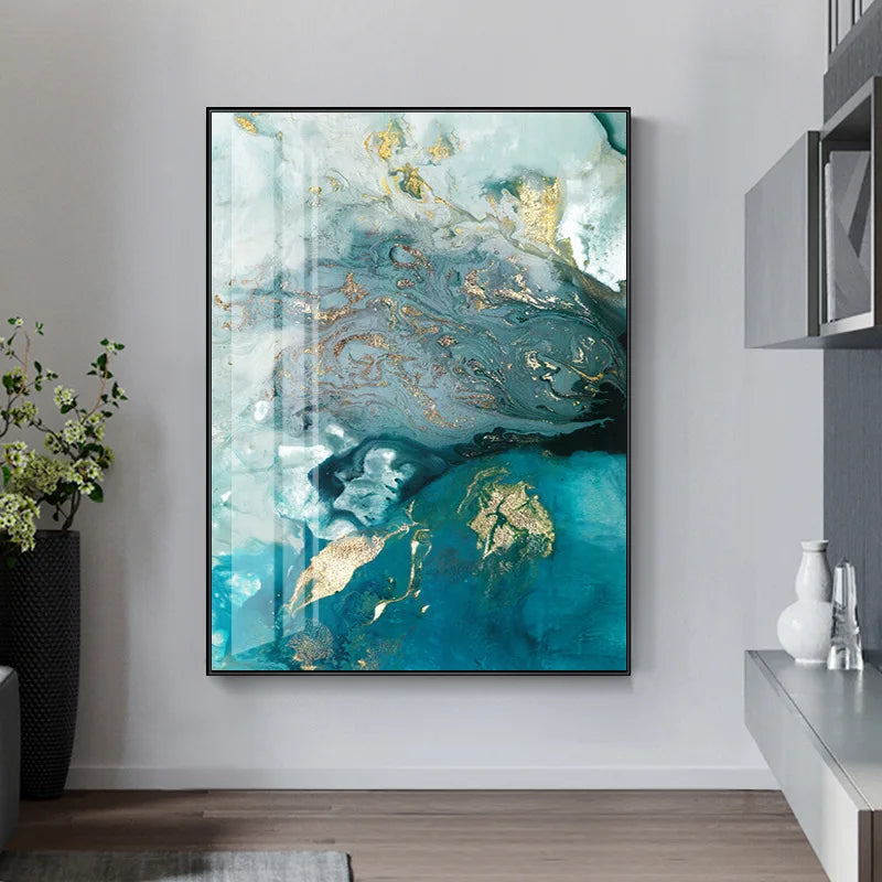Abstrakt Aqua Blau Grün Jade Gold Flüssig Marmor Druck Wandkunst Fine Art Leinwanddrucke Bilder Für Luxuriöse Wohnzimmer Kunstdekoration | Karnz