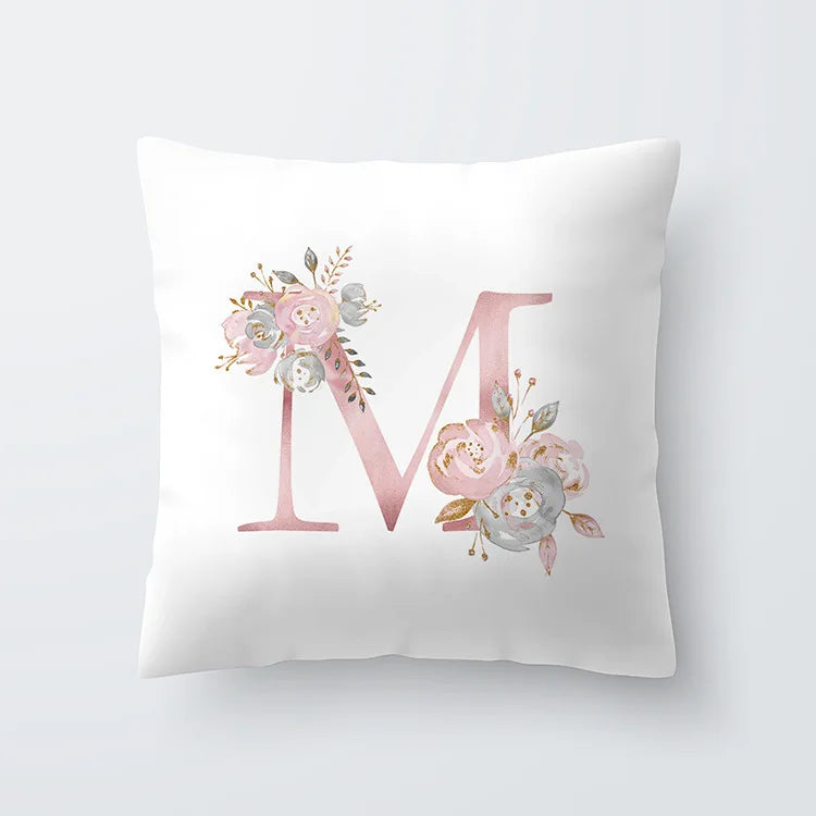 Rosa Goldene Florale Buchstaben Kissenbezug 45x45cm Kissenbezug Für Wohnzimmer Sofa Wurfkissen Polyester Baumwolle Quadratische Kissenbezüge | Karnz