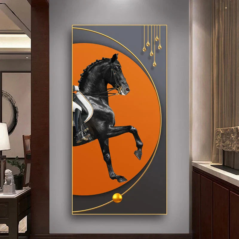 Elegante Reiter Wandkunst Fine Art Leinwanddruck Majestätisches Braunes Pferdeporträt auf abstraktem orangen Hintergrund für Bilder für moderne Inneneinrichtung