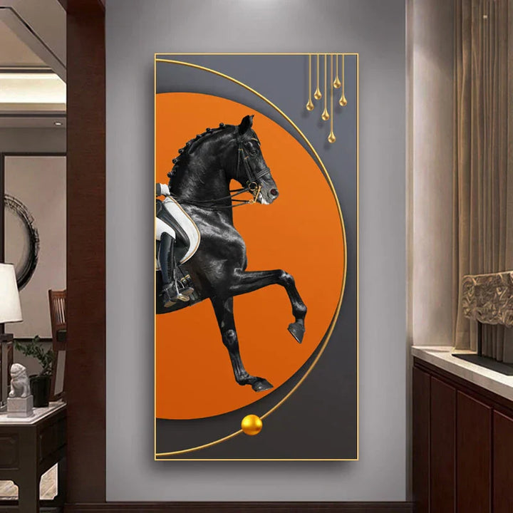 Elegante Reiter Wandkunst Fine Art Leinwanddruck Majestätisches Braunes Pferdeporträt auf abstraktem orangen Hintergrund für Bilder für moderne Inneneinrichtung