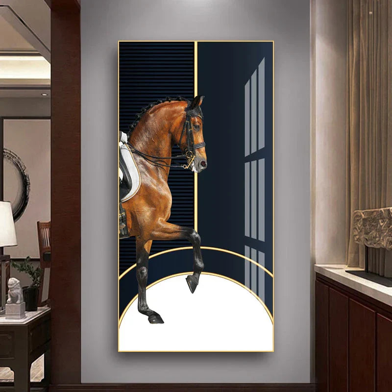 Elegante Reiter Wandkunst Fine Art Leinwanddruck Majestätisches Braunes Pferdeporträt auf abstraktem orangen Hintergrund für Bilder für moderne Inneneinrichtung