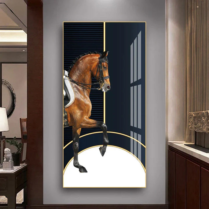 Elegante Reiter Wandkunst Fine Art Leinwanddruck Majestätisches Braunes Pferdeporträt auf abstraktem orangen Hintergrund für Bilder für moderne Inneneinrichtung