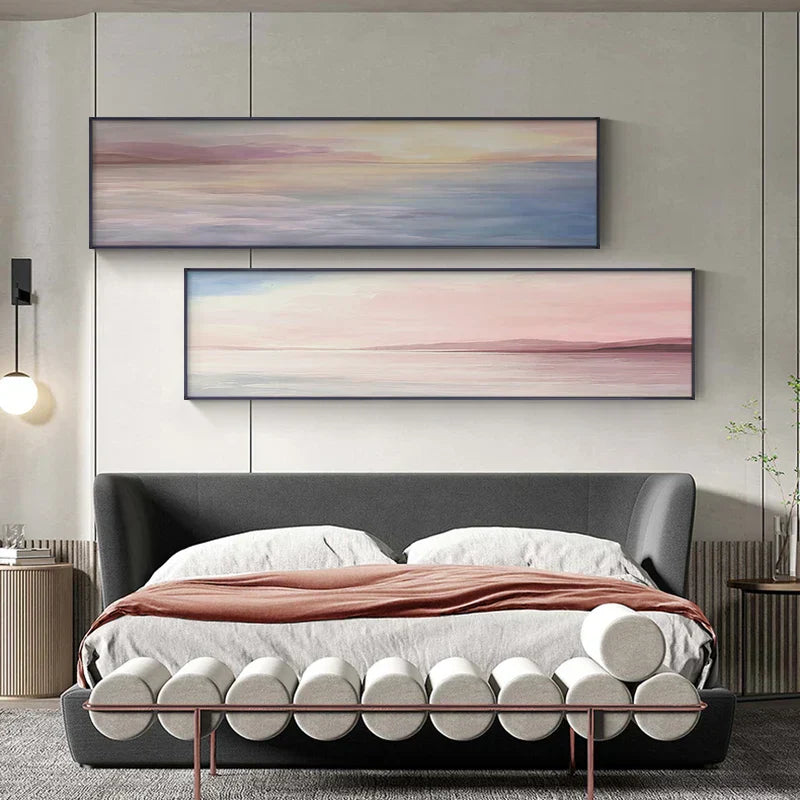 Pastellblau Rosa Lila Abstrakte Landschaft Wandkunst Feine Kunst Leinwanddrucke Breitformatbilder Für das Schlafzimmer Über dem Bett Oder Über dem Sofa | Karnz
