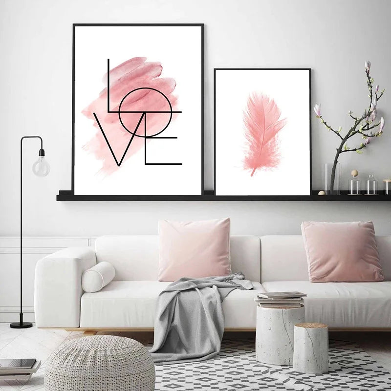 Blush Pink Love Feather Wandkunst Feine Kunst Leinwanddrucke Minimalistische Mode Bilder Für Wohnzimmer Mädchen Schlafzimmer Mode Kunst Dekor | Karnz