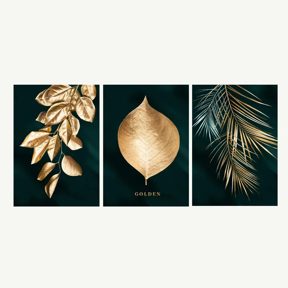 Set von 3 Teilen Goldenes Blatt Wandkunst Minimalistische Nordische Tropische Pflanzen Feine Kunst Leinwanddrucke Bilder Für Wohnzimmer Esszimmer Kunst Dekor