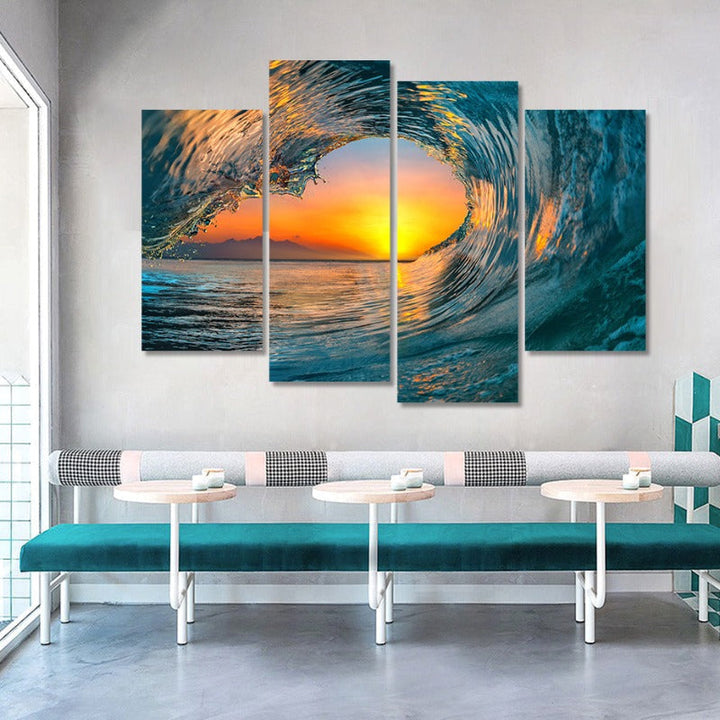 5-teiliges abstraktes Sonnenuntergang durch Ozeanwelle - Leinwand Wandkunstgemälde