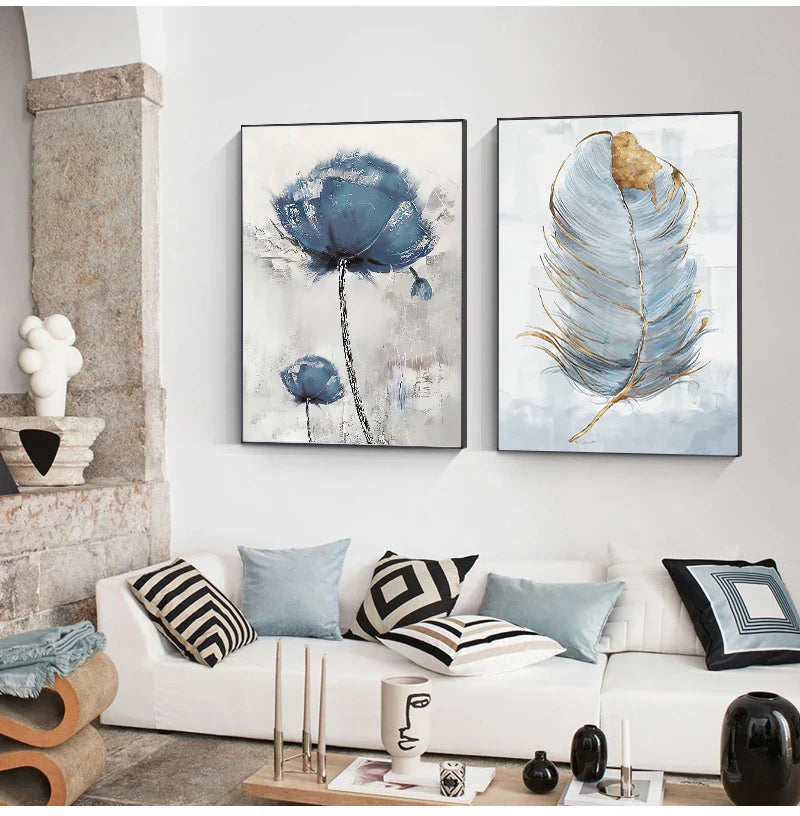 Einfache blaue florale Wandkunst feine Kunstdrucke auf Leinwand moderne abstrakte botanische Bilder für Wohnzimmer Schlafzimmer zeitgenössische Wohnkultur