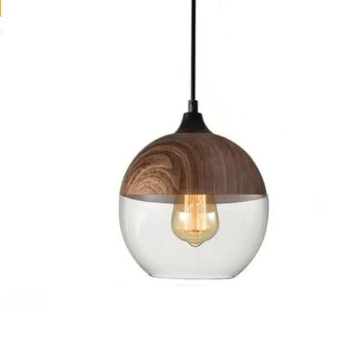 Handgeblasene Pendelleuchte aus Glas und Holz, verstellbar