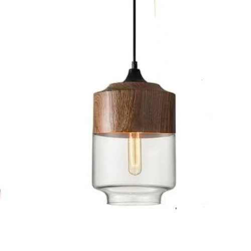 Handgeblasene Pendelleuchte aus Glas und Holz, verstellbar