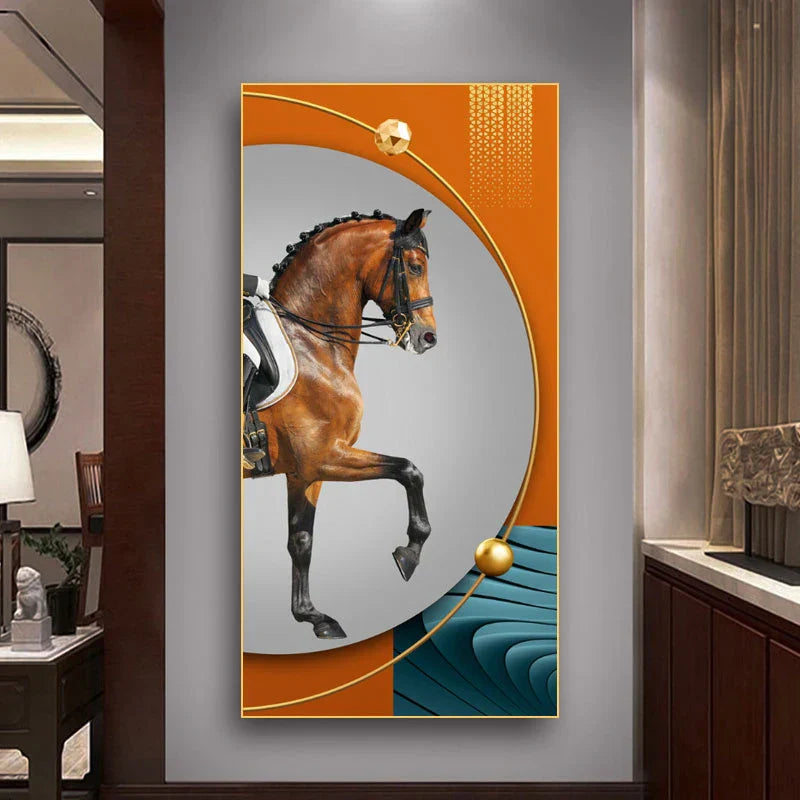 Elegante Reiter Wandkunst Fine Art Leinwanddruck Majestätisches Braunes Pferdeporträt auf abstraktem orangen Hintergrund für Bilder für moderne Inneneinrichtung
