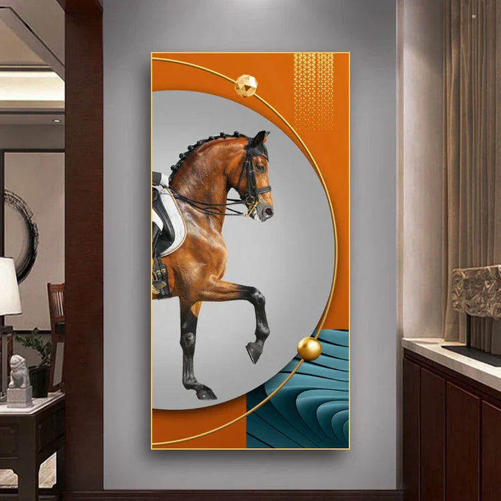 Elegante Reiter Wandkunst Fine Art Leinwanddruck Majestätisches Braunes Pferdeporträt auf abstraktem orangen Hintergrund für Bilder für moderne Inneneinrichtung
