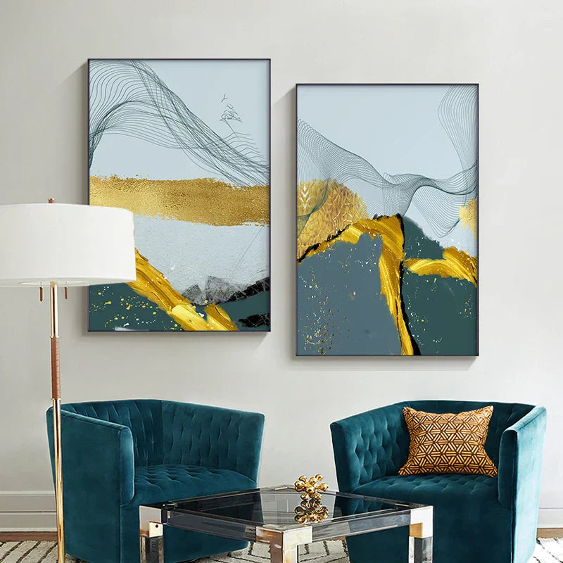 Blaue Goldene Minimalistische Wandkunst Feine Kunst Leinwanddrucke Skandinavische Abstrakte Bilder Für Moderne Wohnung Wohnzimmer Home Office Dekor