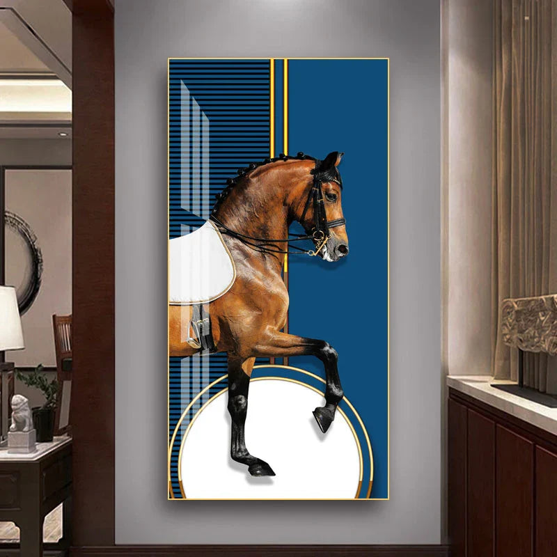 Elegante Reiter Wandkunst Fine Art Leinwanddruck Majestätisches Braunes Pferdeporträt auf abstraktem orangen Hintergrund für Bilder für moderne Inneneinrichtung