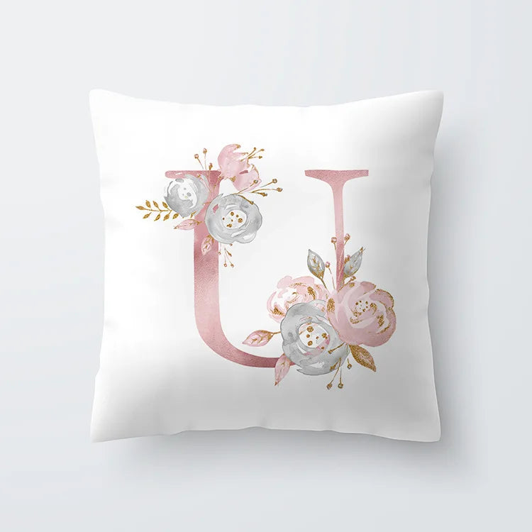 Rosa Goldene Florale Buchstaben Kissenbezug 45x45cm Kissenbezug Für Wohnzimmer Sofa Wurfkissen Polyester Baumwolle Quadratische Kissenbezüge | Karnz