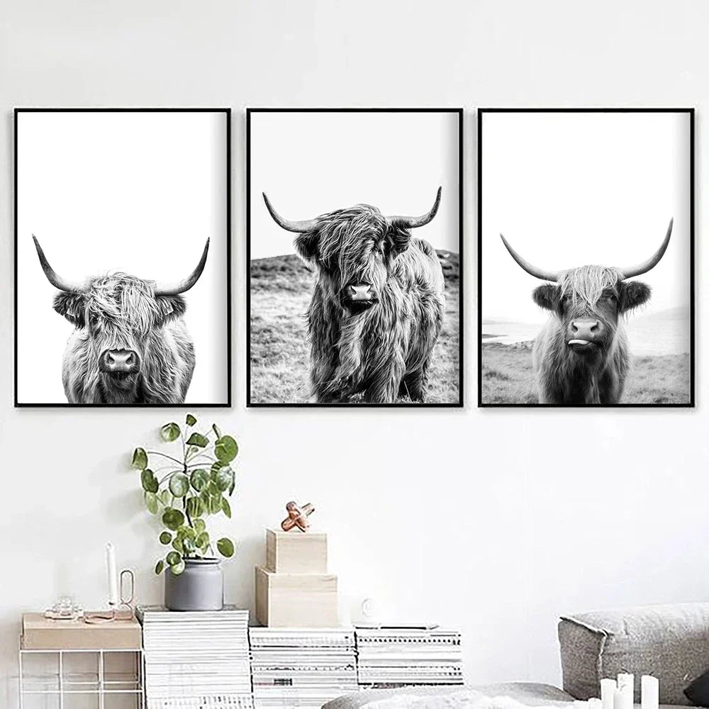 Hochlandrinder Schwarz Weiß Minimalistische Wandkunst Fine Art Leinwanddrucke Poster Bilder Für Wohnzimmer Esszimmer Nordische Wohnkultur