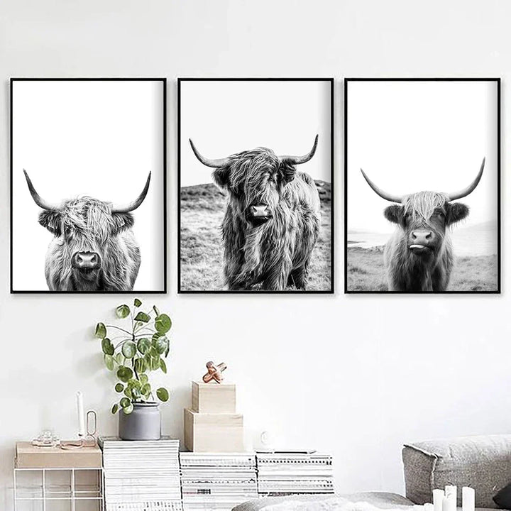 Hochlandrinder Schwarz Weiß Minimalistische Wandkunst Fine Art Leinwanddrucke Poster Bilder Für Wohnzimmer Esszimmer Nordische Wohnkultur