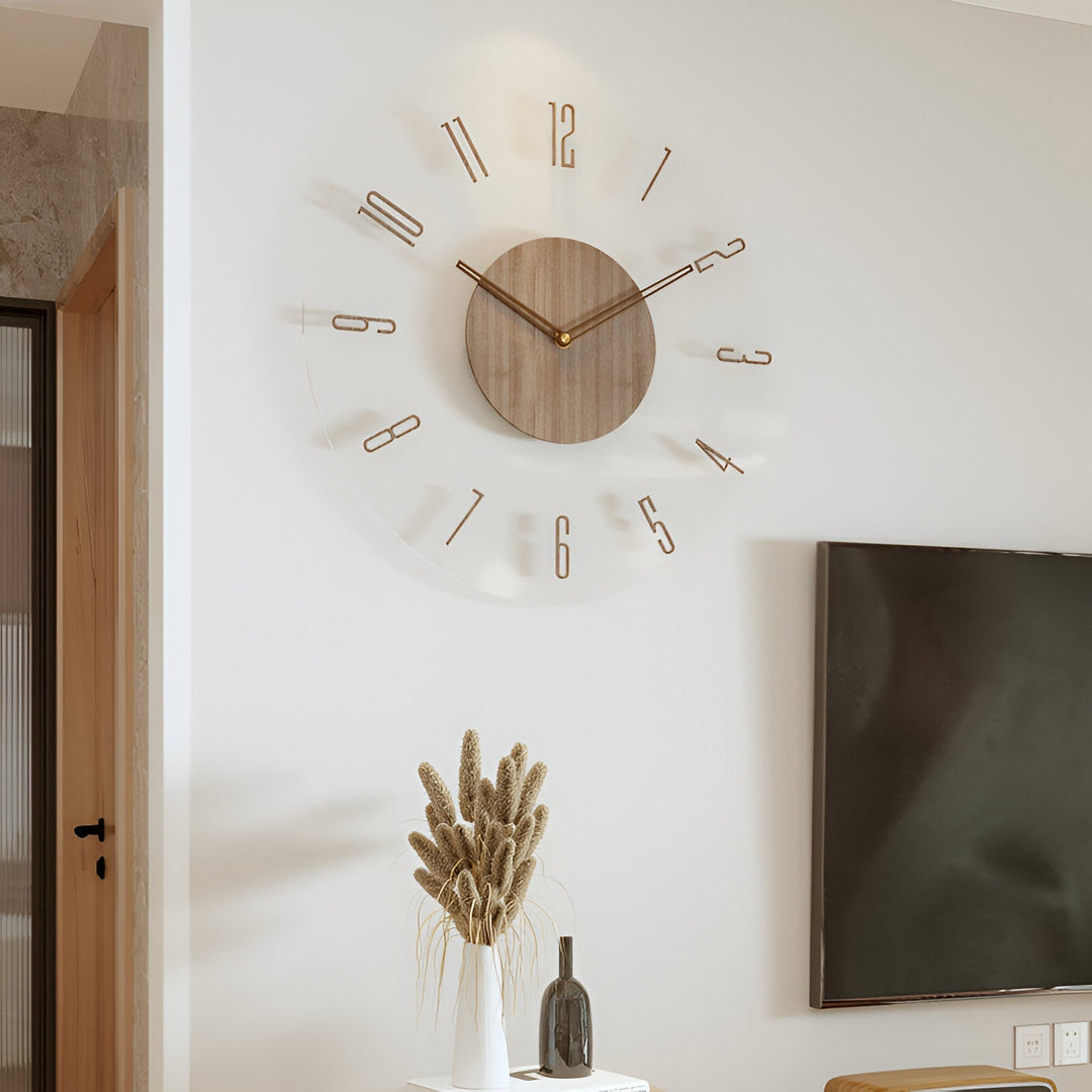 ClearWood Transparente Wanduhr – Stiller Quartz mit Holzdetails | Karnz