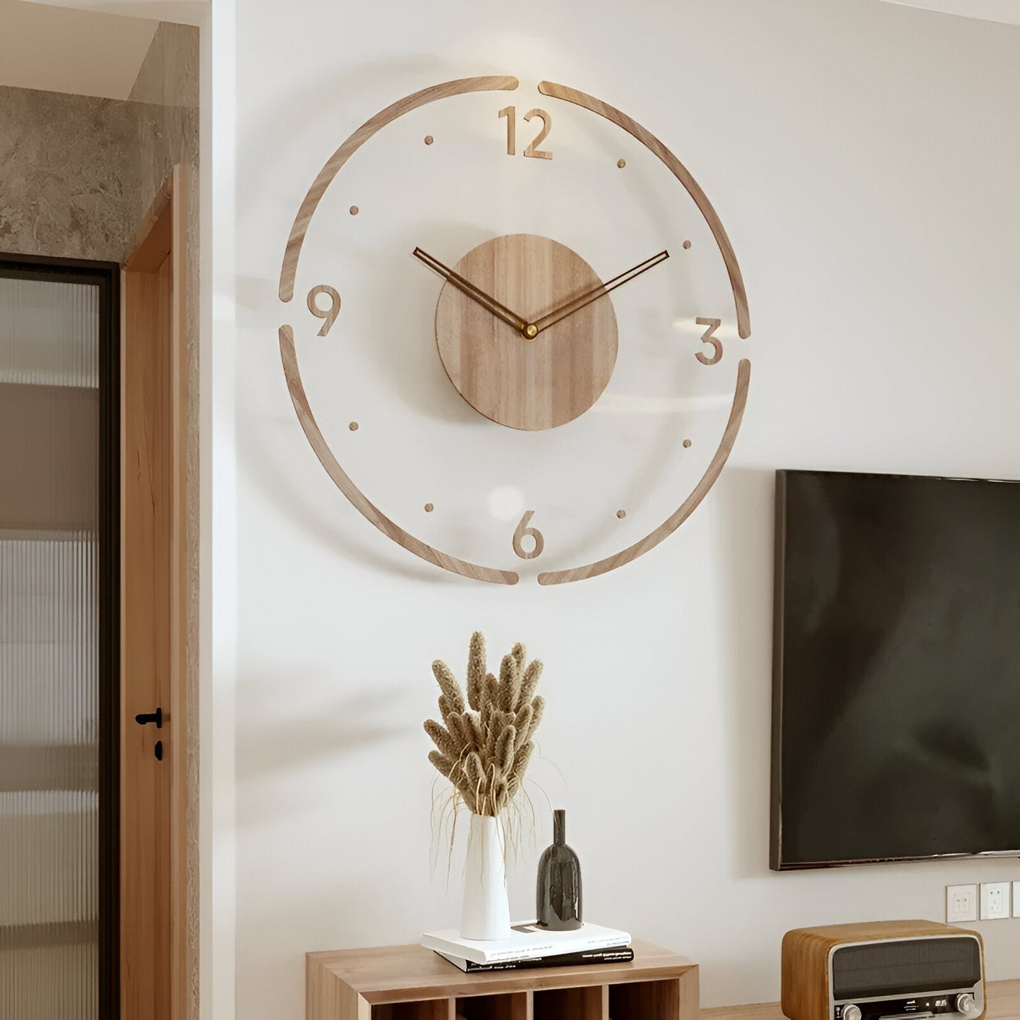 Transparente Wanduhr von ClearWood – geräuschloses Quarzwerk mit Holzdetails