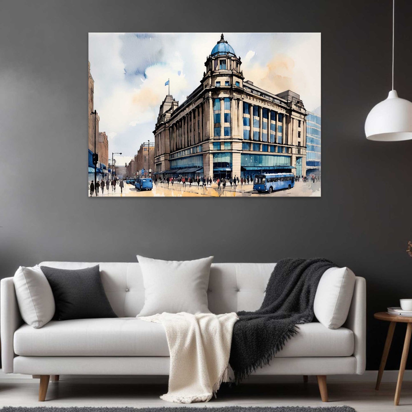 Abstraktes Wandbild mit ikonischem Manchester City-Gebäude im Art-déco-Stil