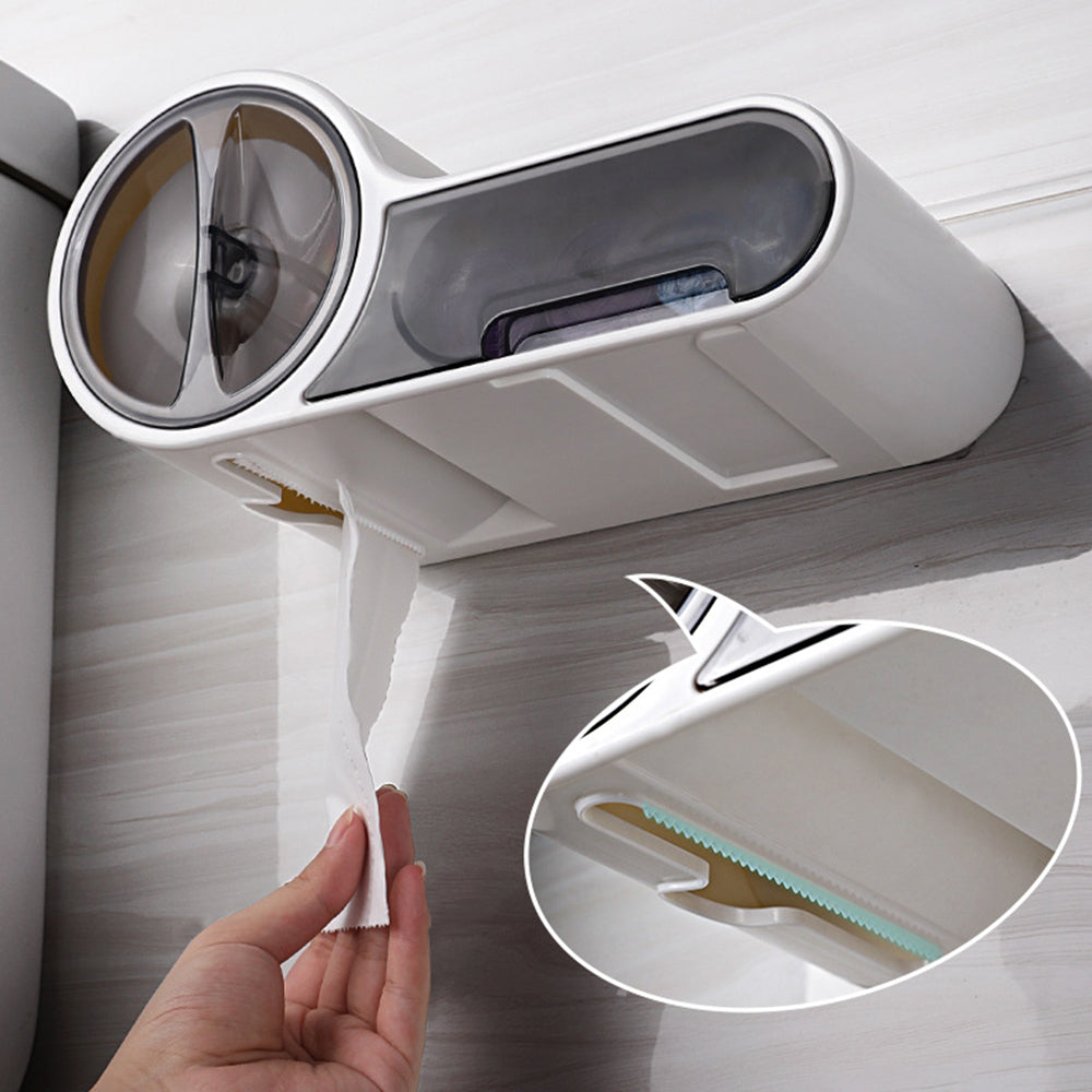DroogHoud Selbstklebender Toilettenpapierhalter – Wasserdichte Wandlösung mit zusätzlichem Stauraum | Karnz