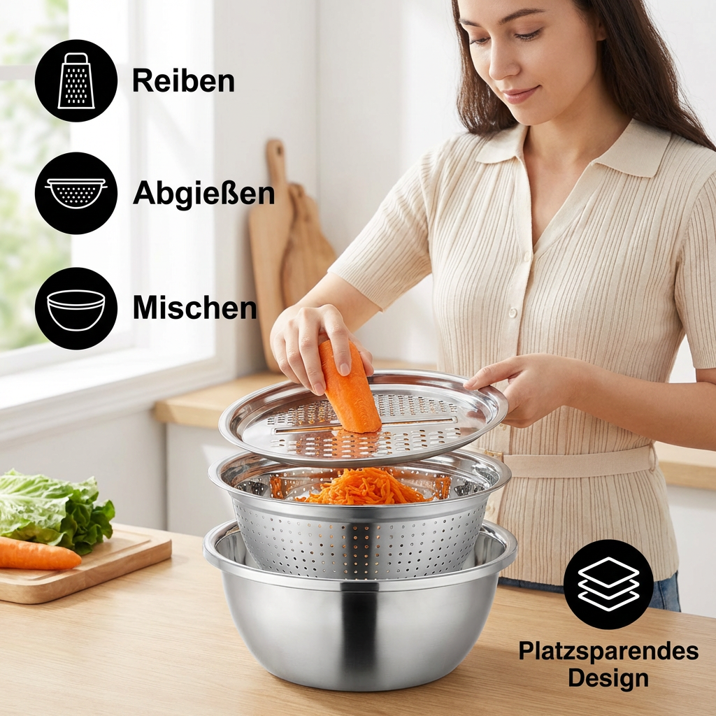 Gemüseschneider Set mit Reibe, Sieb und Rührschüssel | Karnz