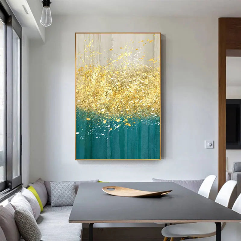 Jade Blau Helles Golden Regen Wandkunst Fein Kunst Leinwanddrucke Glückliche Abstrakte Bilder Für Wohnzimmer Esszimmer Home Office Dekor
