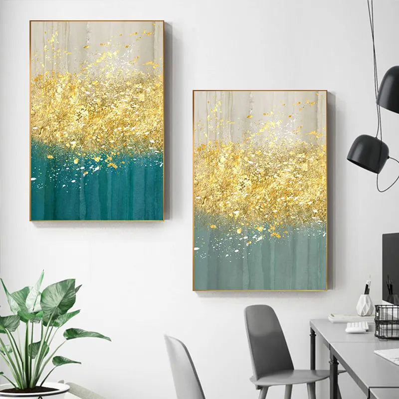 Jade Blau Helles Golden Regen Wandkunst Fein Kunst Leinwanddrucke Glückliche Abstrakte Bilder Für Wohnzimmer Esszimmer Home Office Dekor