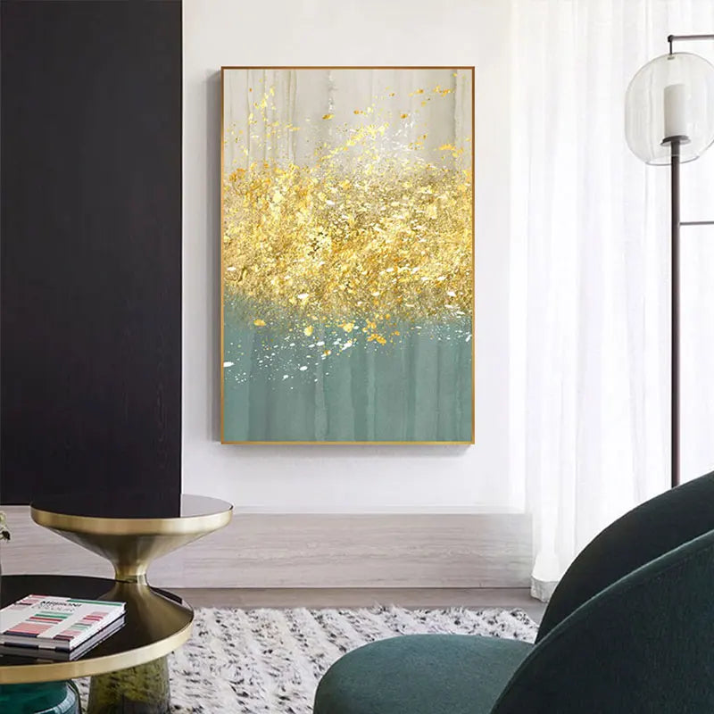 Jade Blau Helles Golden Regen Wandkunst Fein Kunst Leinwanddrucke Glückliche Abstrakte Bilder Für Wohnzimmer Esszimmer Home Office Dekor