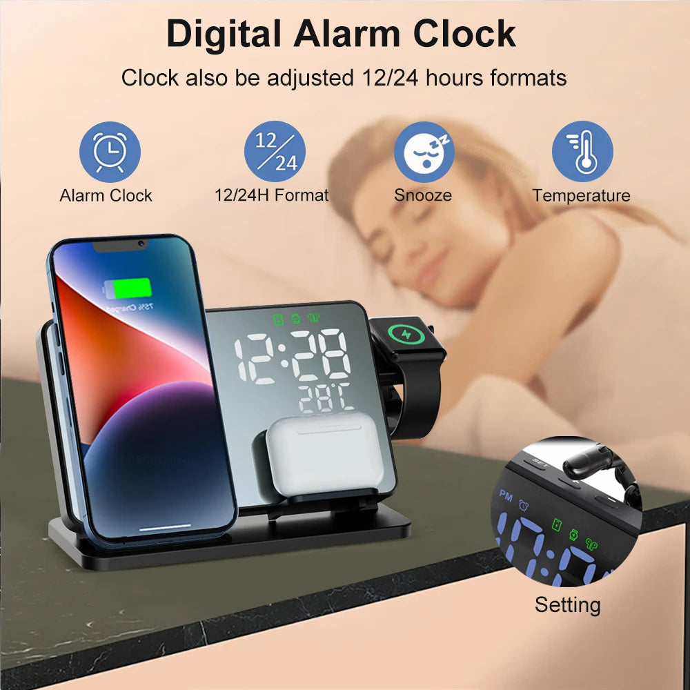 3-in-1 Schnellladegerät | Premium Wireless Schnelllade-Dockingstation mit Wecker | für Apple iPhone, Watch & AirPods