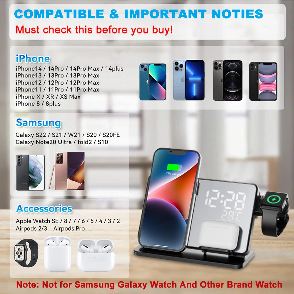 3-in-1 Schnellladegerät | Premium Wireless Schnelllade-Dockingstation mit Wecker | für Apple iPhone, Watch & AirPods