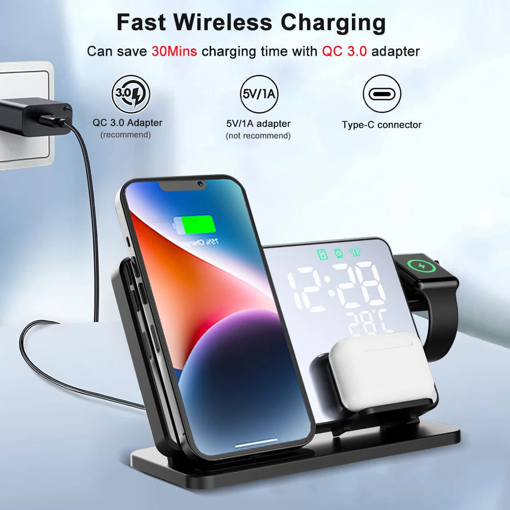 3-in-1 Schnellladegerät | Premium Wireless Schnelllade-Dockingstation mit Wecker | für Apple iPhone, Watch & AirPods