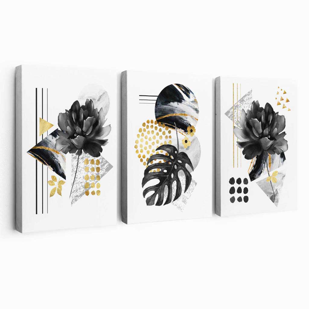 Abstraktes 3er-Set floraler Leinwandbilder in Schwarz und Gold