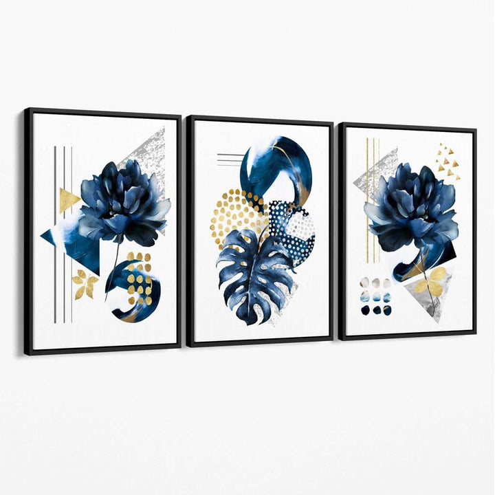 Abstraktes marineblaues und goldenes 3er-Set floraler Leinwandbilder