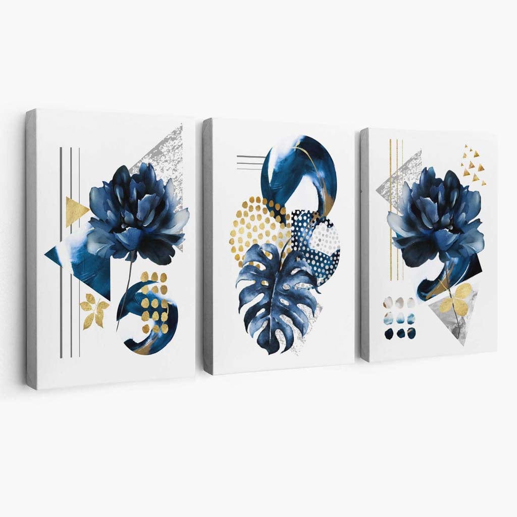 Abstraktes marineblaues und goldenes 3er-Set floraler Leinwandbilder
