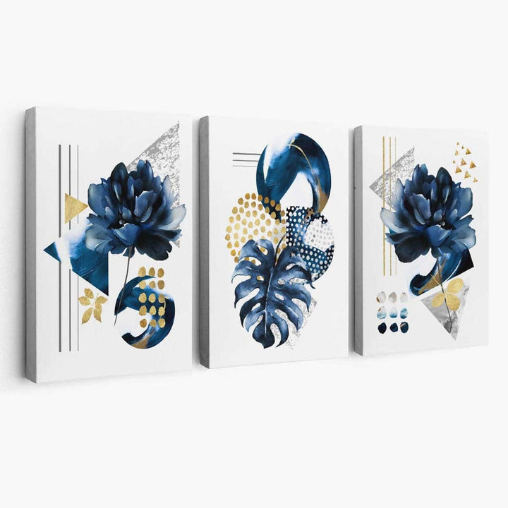 Abstraktes marineblaues und goldenes 3er-Set floraler Leinwandbilder