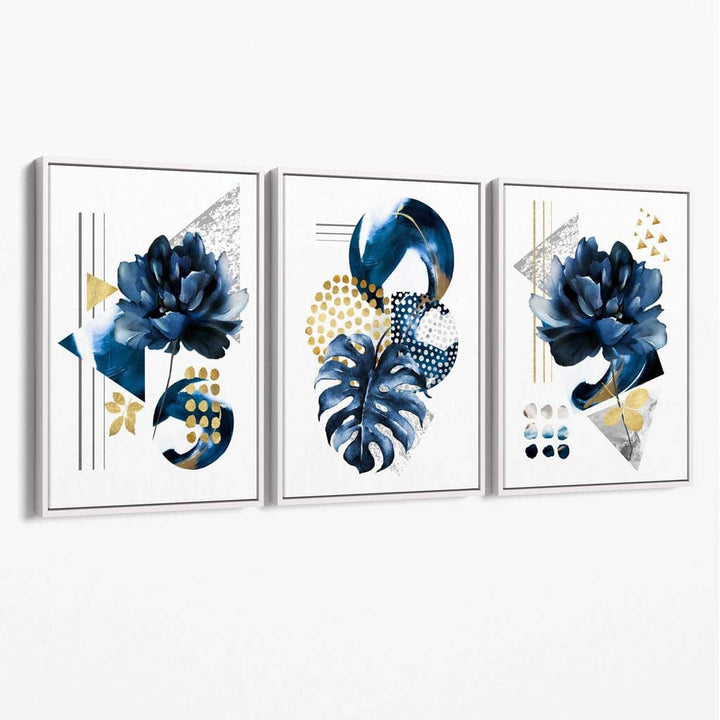 Abstraktes marineblaues und goldenes 3er-Set floraler Leinwandbilder