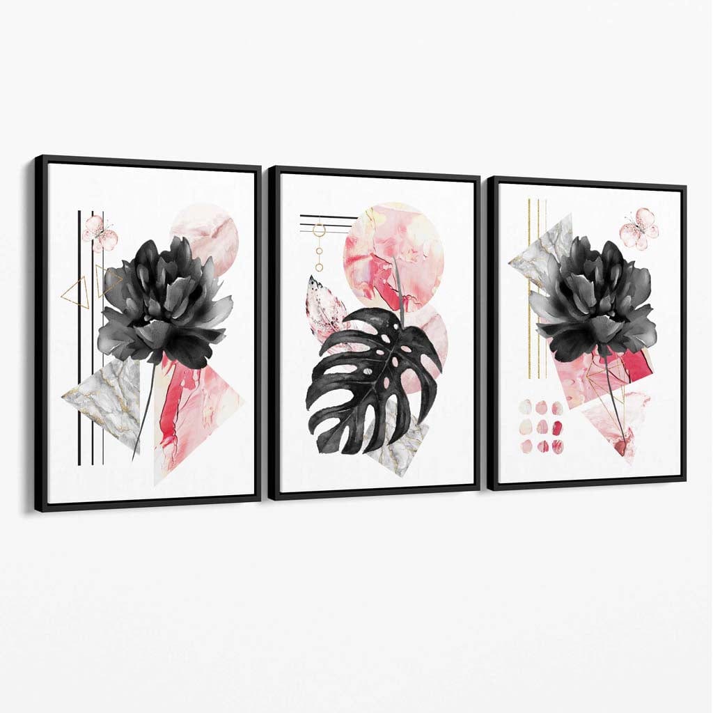 Abstraktes rosa-schwarzes 3er-Set floraler Leinwandbilder