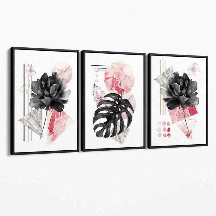 Abstraktes rosa-schwarzes 3er-Set floraler Leinwandbilder