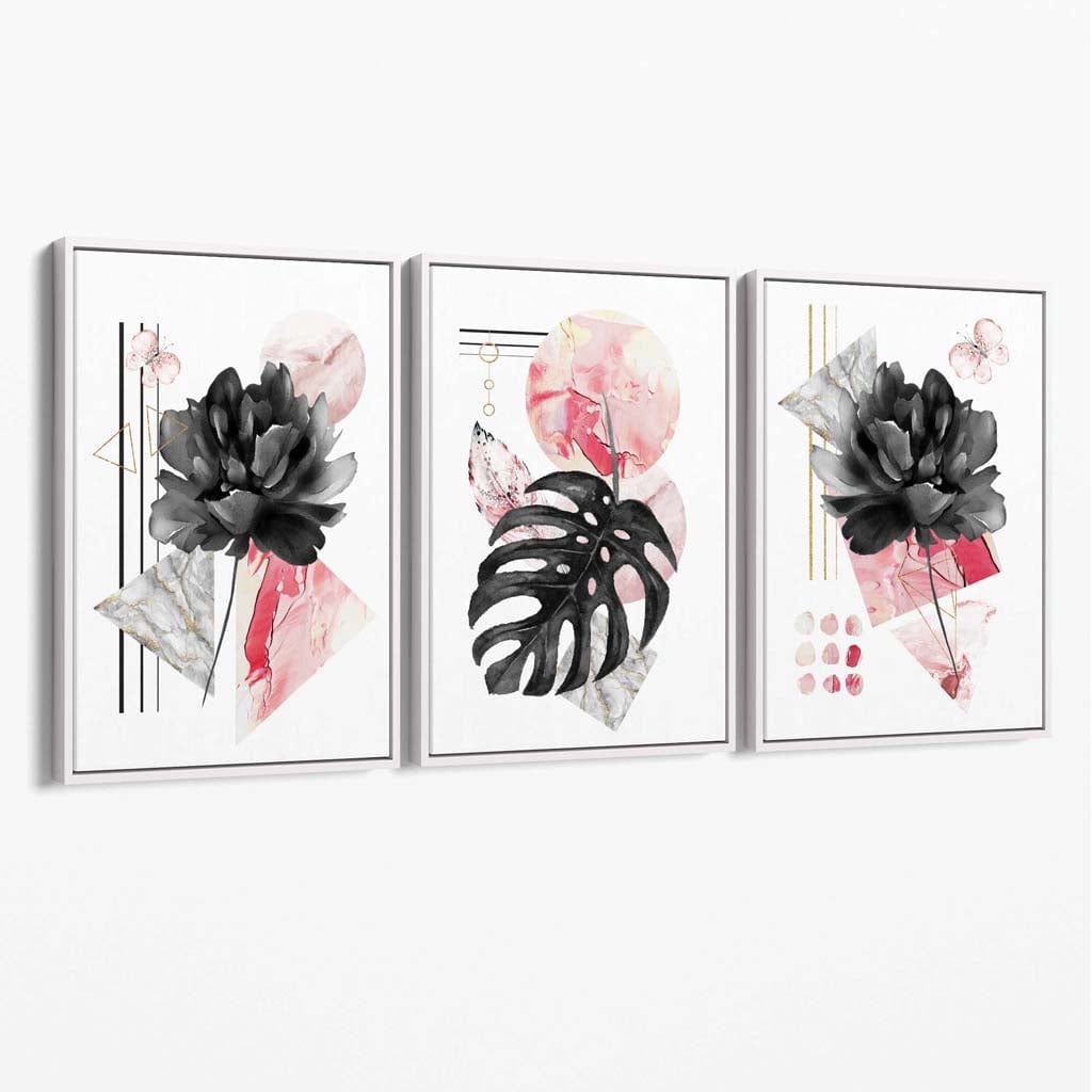 Abstraktes rosa-schwarzes 3er-Set floraler Leinwandbilder