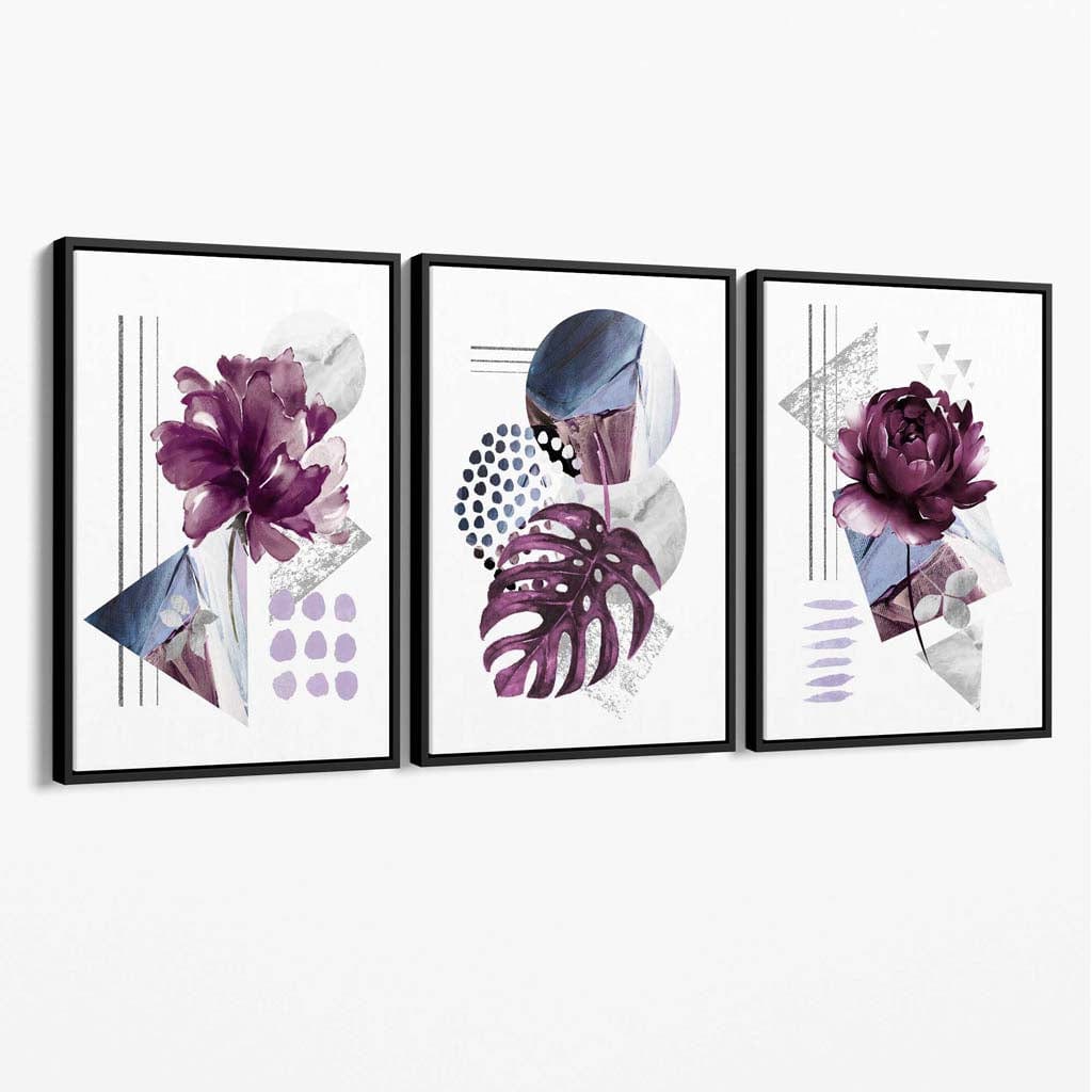 Abstraktes Set aus 3 Leinwandbildern mit lila und silbergrauen Blumen