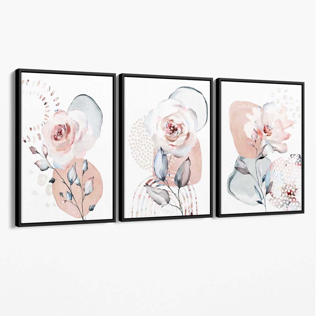 Set aus 3 floralen Leinwandbildern in Rosa und Grau