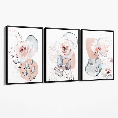 Set aus 3 floralen Leinwandbildern in Rosa und Grau
