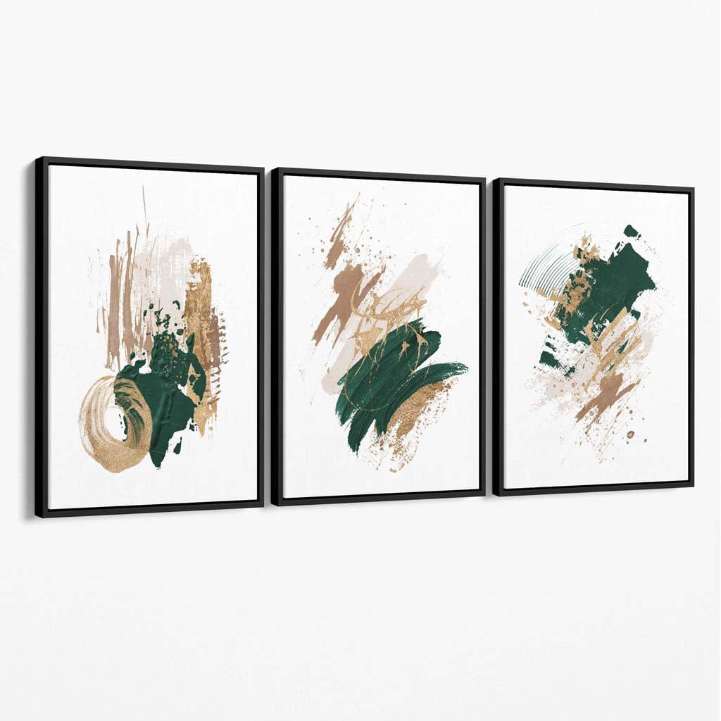 Abstraktes, grünes und goldenes Set aus 3 minimalistischen Leinwandbildern