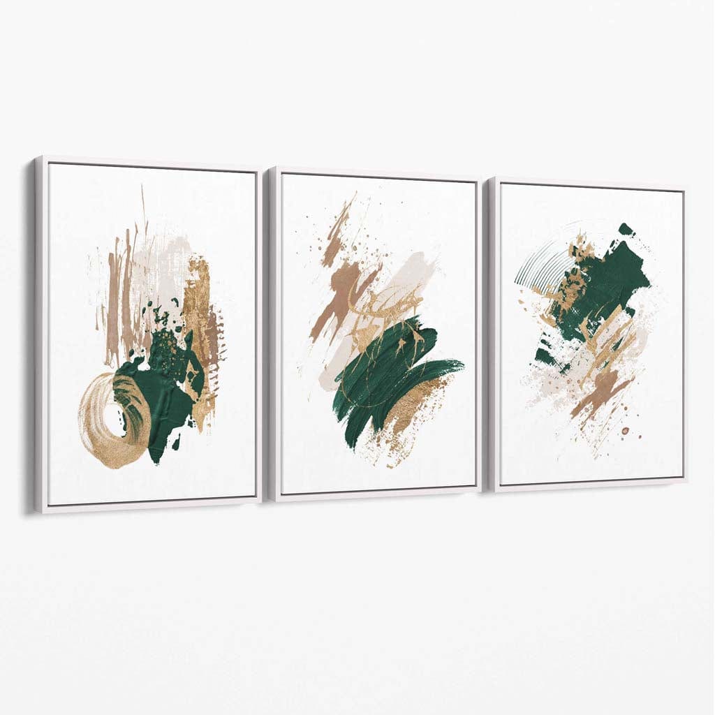 Abstraktes, grünes und goldenes Set aus 3 minimalistischen Leinwandbildern