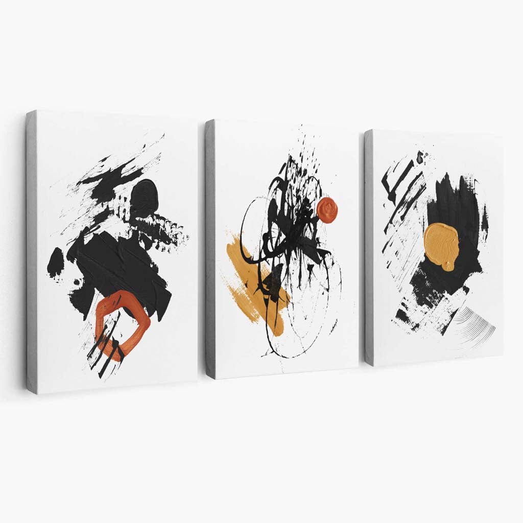 Abstraktes Set aus 3 minimalistischen Leinwandbildern in Schwarz, Gelb und Orange