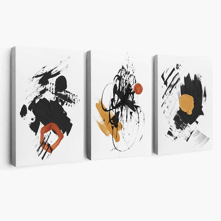 Abstraktes Set aus 3 minimalistischen Leinwandbildern in Schwarz, Gelb und Orange
