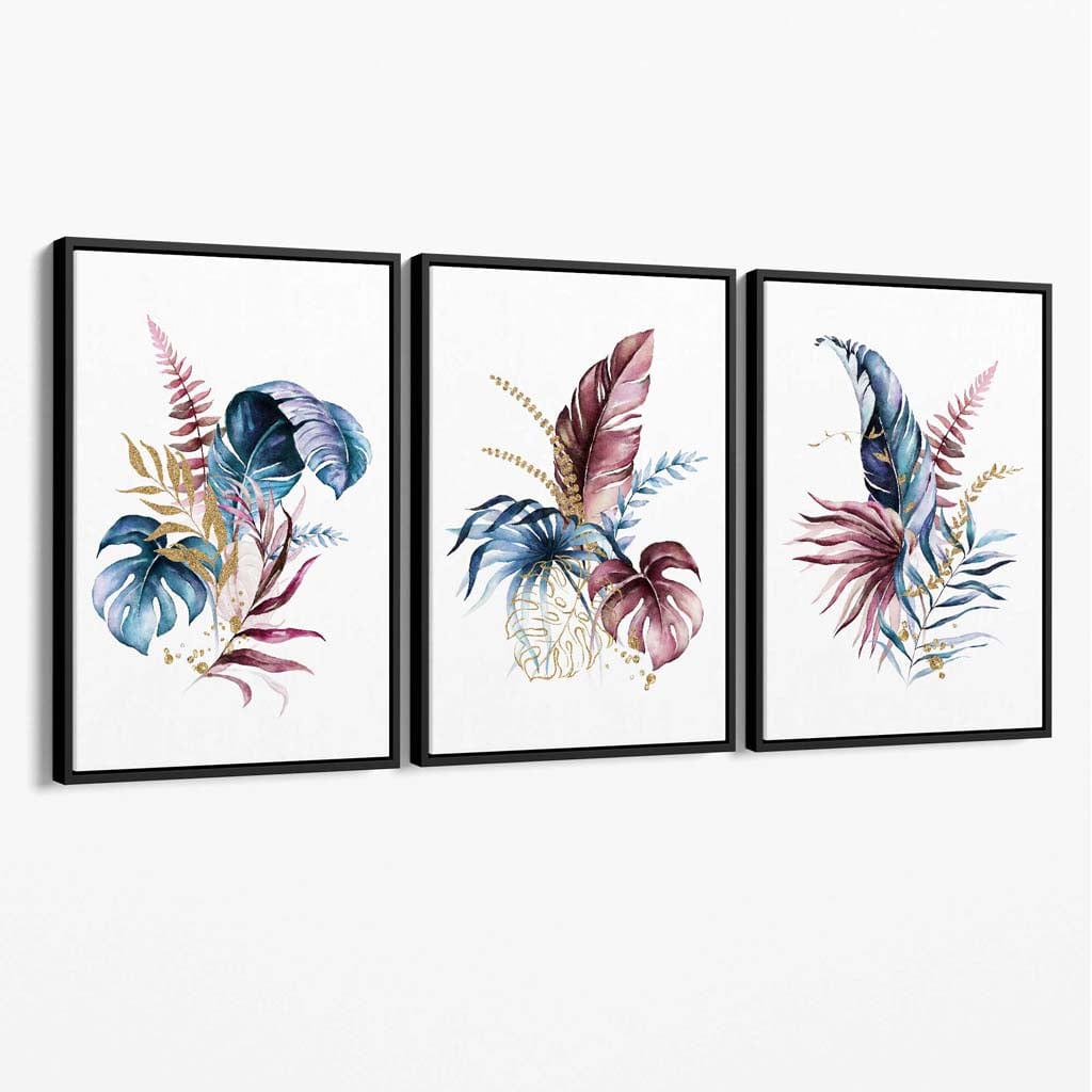 Botanisches Set aus 3 rosa-blauen floralen Leinwandbildern