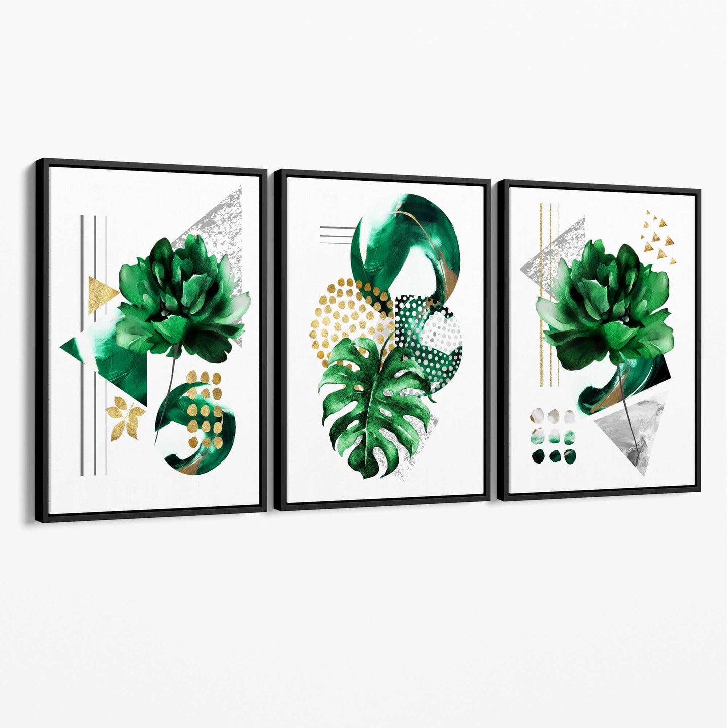 Abstraktes grün-goldenes Blumenmotiv, Set aus 3 Leinwänden