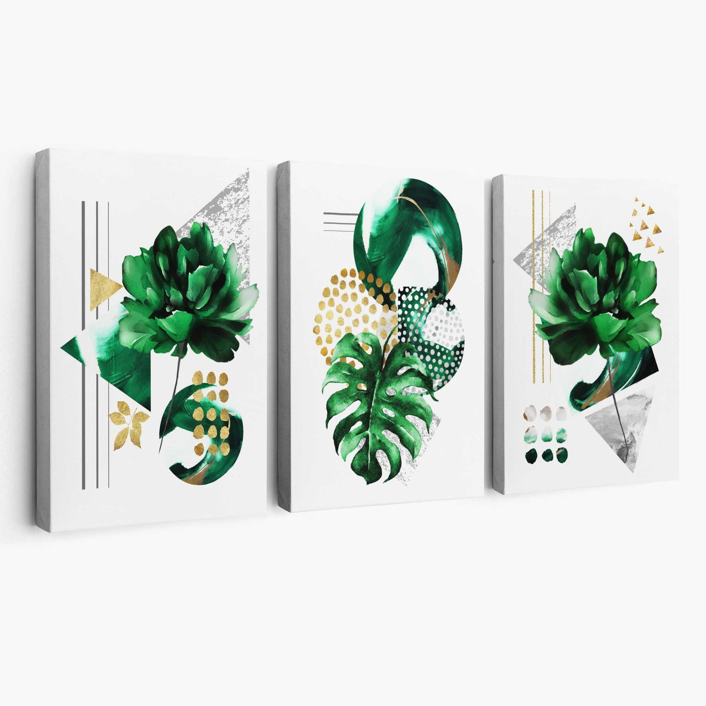 Abstraktes grün-goldenes Blumenmotiv, Set aus 3 Leinwänden